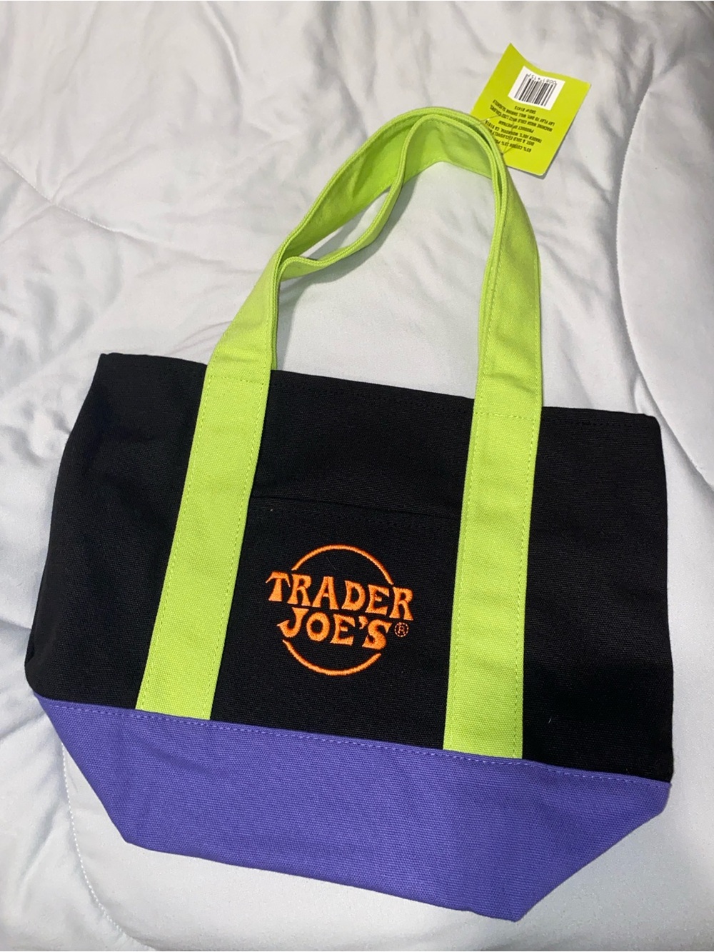 Trader Joe’s Black Canvas Tote with Lime Handles and Purple Base